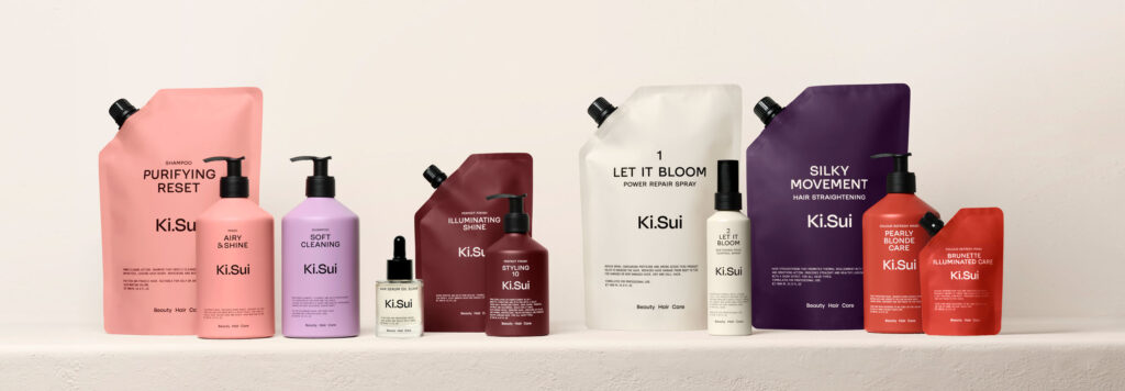 Colorful bottles of sulfate-free shampoo from a professional hair care brand